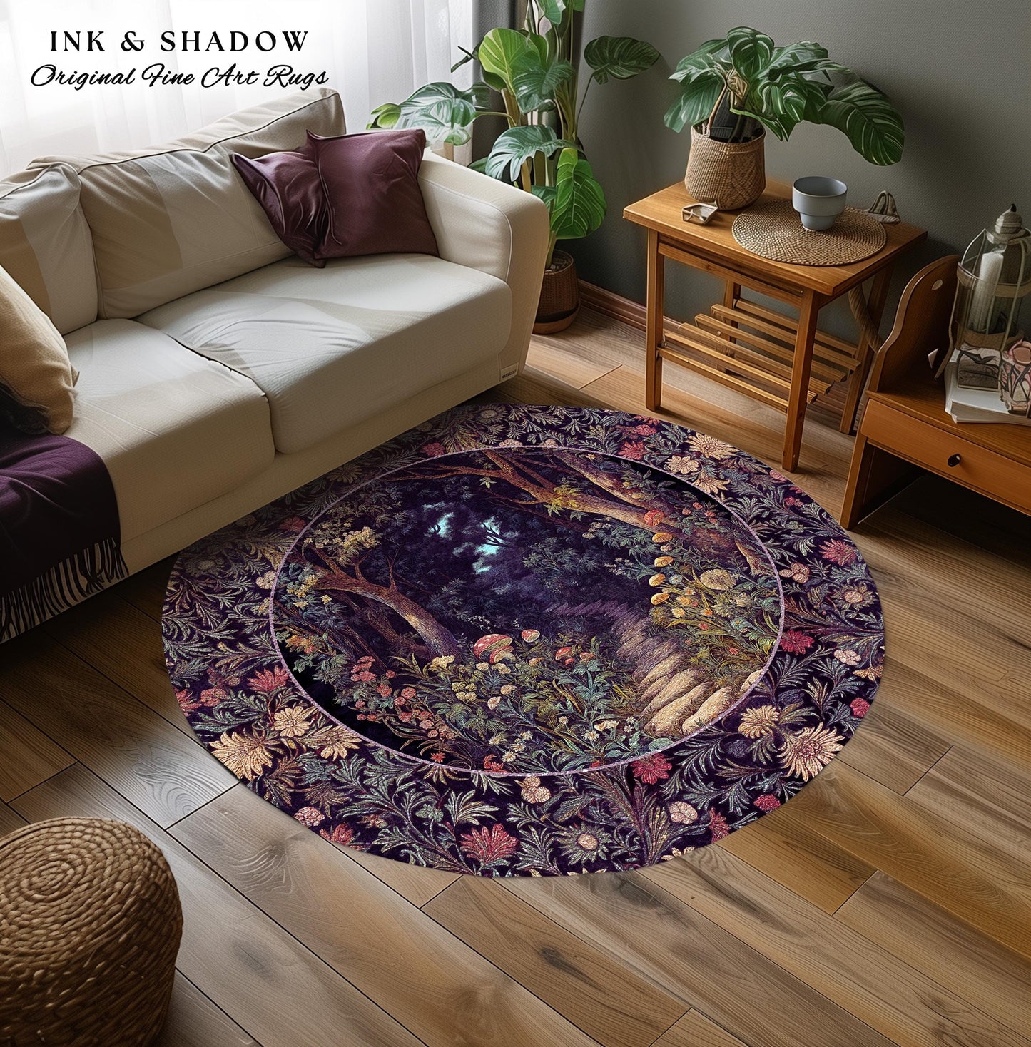 Magical Woodland Mushroom Round Rug | Fairytale Theme Woodland Botanical Aesthetic Whimsical Home Decor Bedroom Housewarming Gift Purple |
