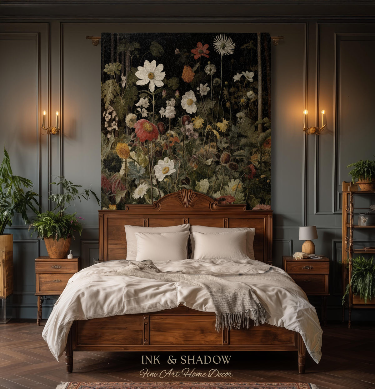 Whimsigothic Wildflowers Fairy Grunge Dark Botanical Woven Blanket | Moody Victorian Gothic Floral Art Academia Tapestry Throw Wall Hanging