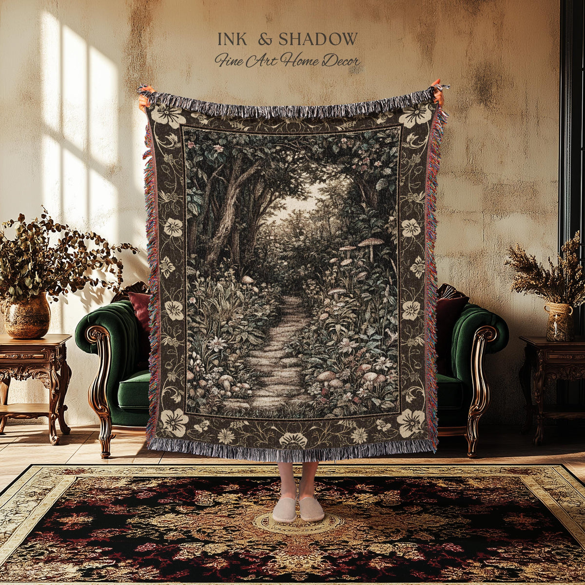 Mushroom Forest Magical Woodland Tapestry Blanket Ethereal Mystic Academia, Vintage Folklore Art Forest Fairycore Whimsigoth Medieval Throw