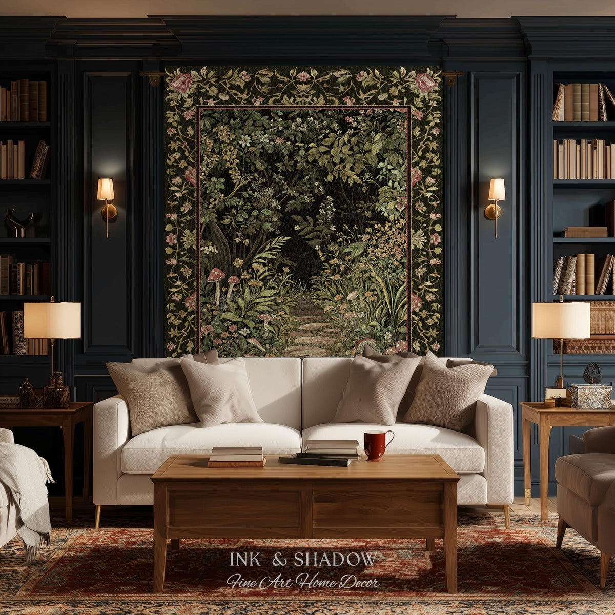 Toadstool Forest Mystical Mushroom Woven Tapestry Throw | Dark Academia Folklore Forest Fairycore Botanical Blanket Magical Medieval Decor