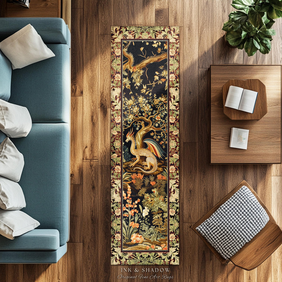 Baroque Dragon Fantasy Runner Rug | Dark Medieval Enchanting Nature Accent Ancient Aesthetic Ethereal Storybook Home Accent Forestcore Magic