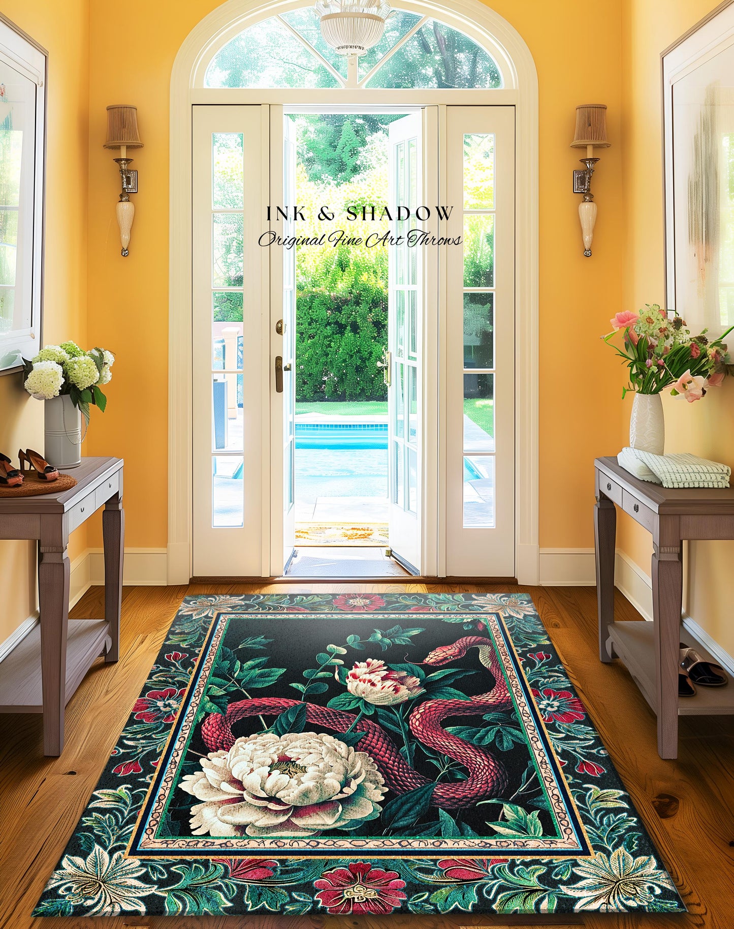 Enchanted Forest Snake Rug Dark Woodland Floral Gothic Decor | Mystical Cottagecore Aesthetic Vintage Serpent Medieval Charm Renaissance Art