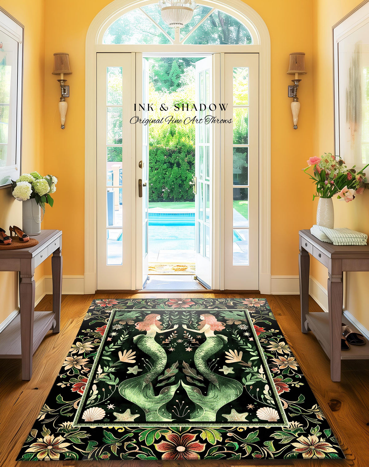 Enchanted Ocean Mermaid Floral Sea Life Rug | Vintage Emerald Green Whimsical Coastal Cottagecore Art Nouveau Underwater Fantasy Ocean Decor