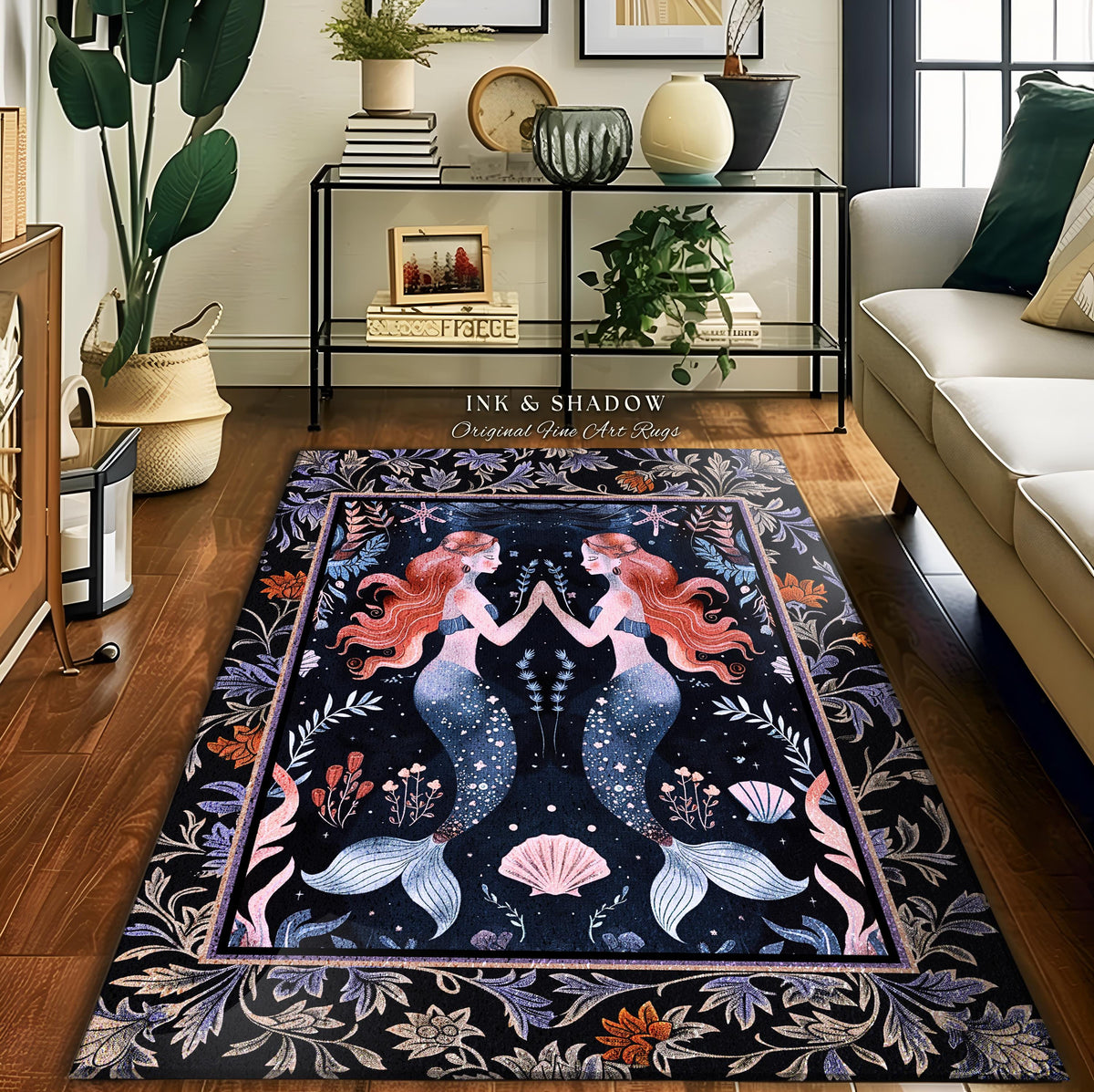 Ocean Sea Nymph Rug Art Nouveau Mystical Mermaid Underwater Decor | Whimsical Dark Oceanic Enchanted Fantasy Folklore Floor Mat Home Accent