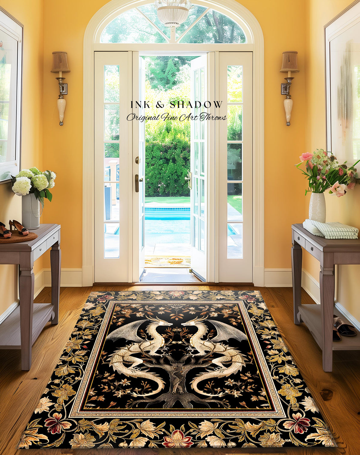 Ethereal Dragon Lover Rug Magical Fantasy Gothic Decor | Enchanted Artful Gift Fairytale Mystical Magic Dark Academia Whimsigothic Floor Art