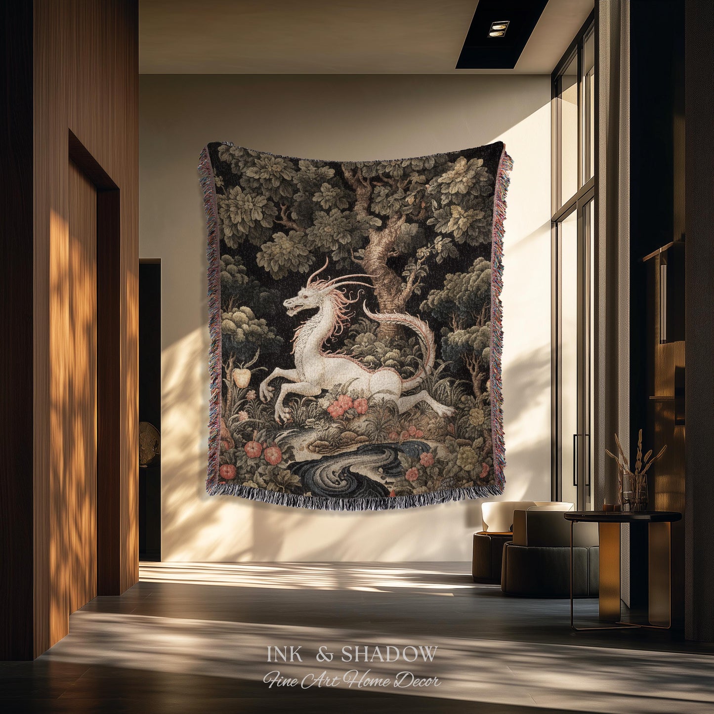 Medieval Dragon Blanket Woven | Crowcore Tapestry Cottagecore Room Decor Dark Academia Aesthetic Gothic Maximalist Gift For Goths Throw |