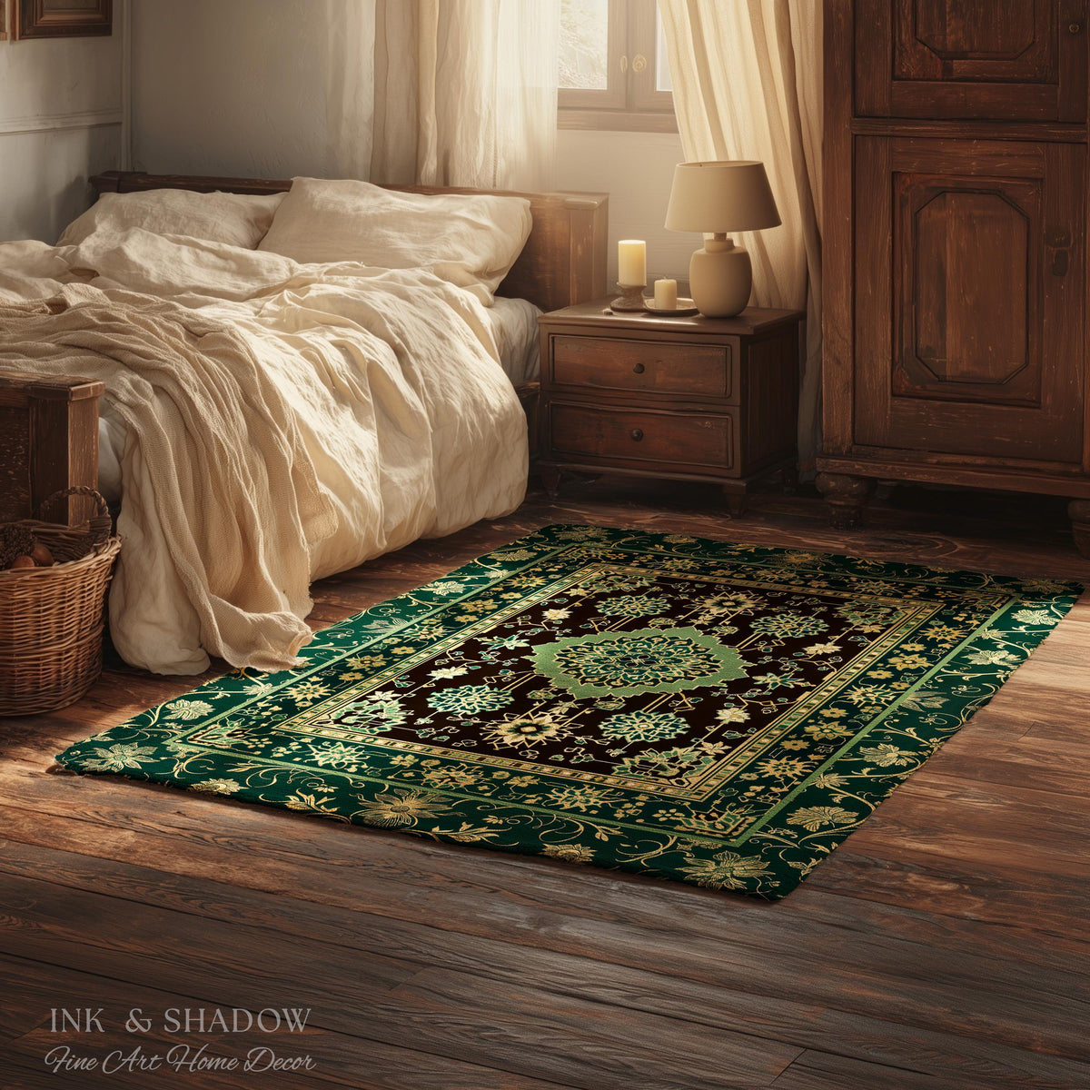 Dark Academia Emerald Statement Rug | Reading Nook Cozy Floor Rug Ornate Rug with Blue Green Detail Cottagecore Victorian Gothic Aesthetic
