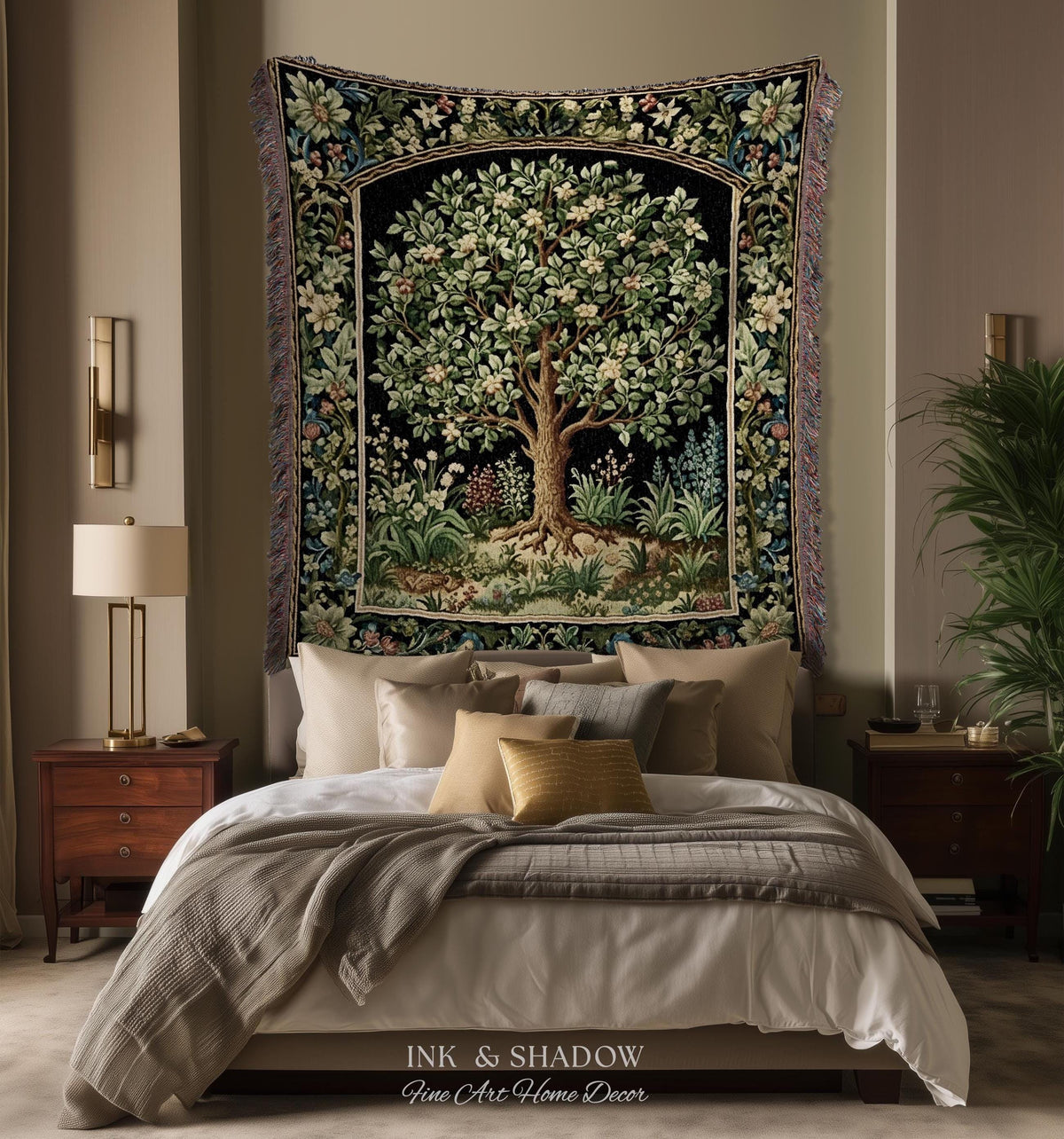 Tree Of Life Woven Blanket | William Morris Inspired Throw Botanical Tapestry Medieval Aesthetic Nordic Tapestry Renaissance Room Decor |