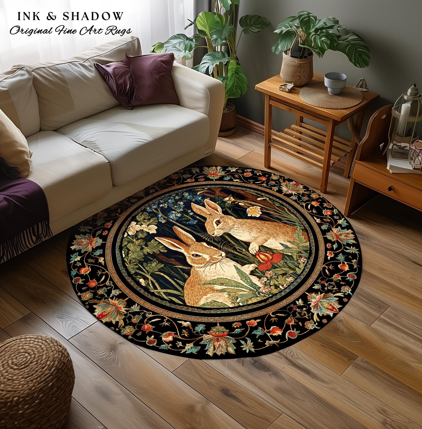 Bunnies in the Woodland Rug | Spring Bunnies Room Decor William Morris Inspired Forest Aesthetic Fairycore Bedroom Floral Bunny Victorian