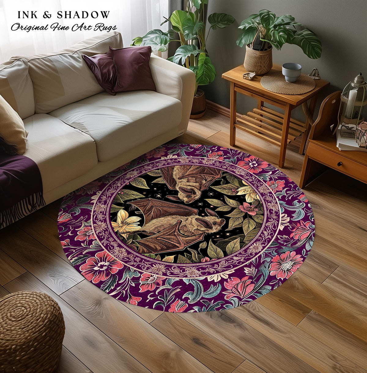 Romantic Victorian Gothic Bat Lovers Rug Whimsical Dark Floral Baroque Forestcore | Ethereal Botanical Whimsical Woodland Cottagecore Decor