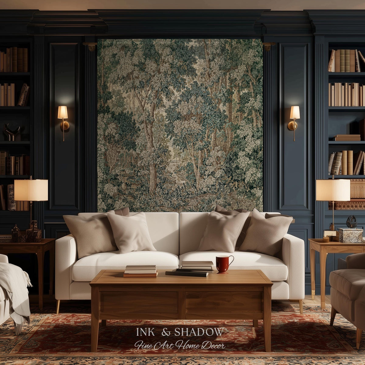 Pastoral Woodland Scene Forest Vertical Wall Hanging Jacquard Tapestry, European Verdure French Country Style Romantic Landscape Woven Throw