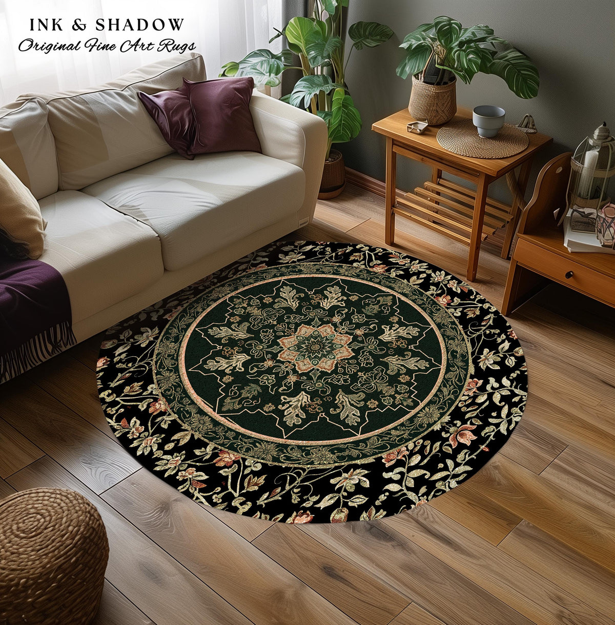 Witchy Bohemian Rustic Accent Rug | Enchanting Midnight Emerald Ornate Area Rug Traditional Art Deco Living Room Baroque Aesthetic Decor |