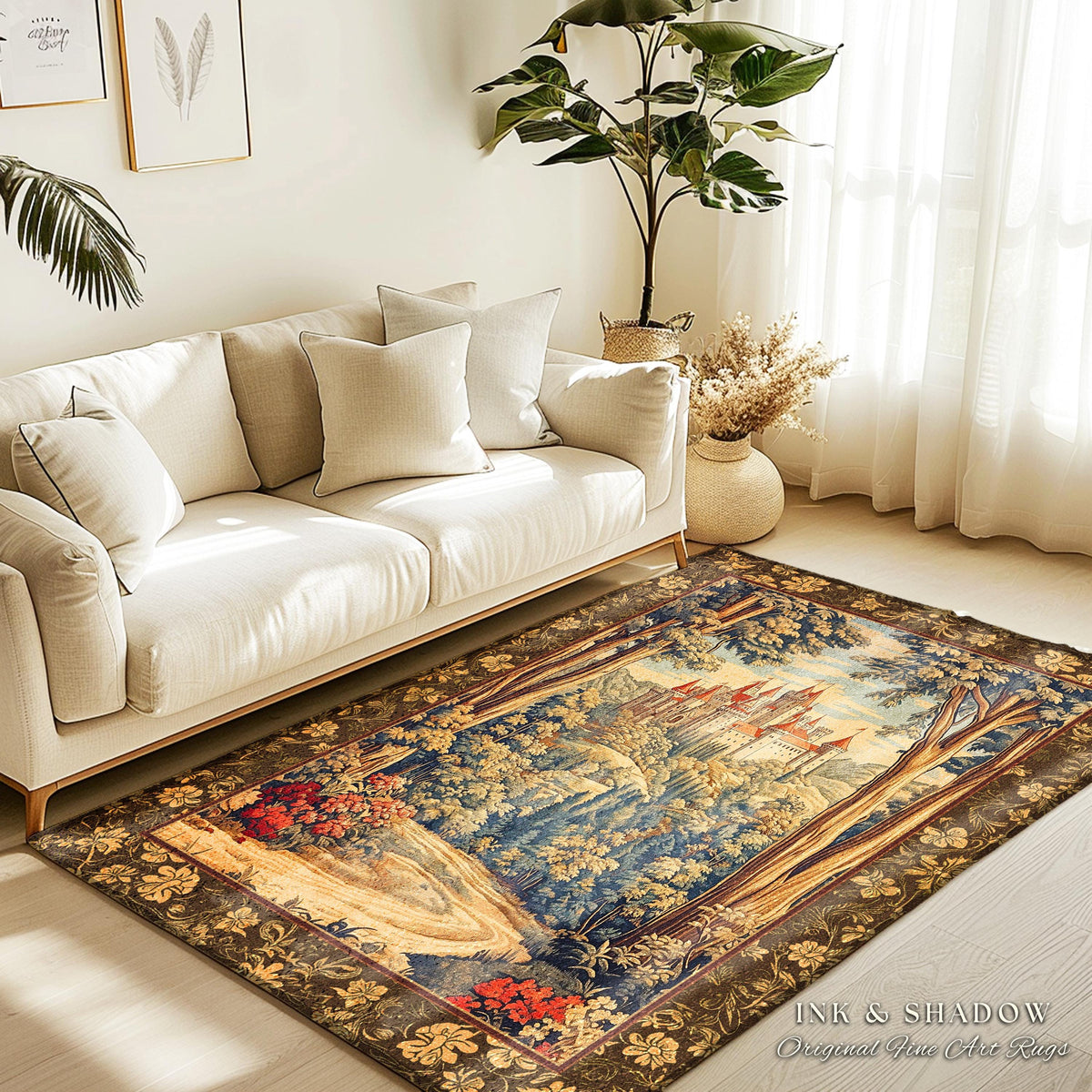 Book Nook Fairytale Castle Round Area Rug | Woodland Fairycore Bohemian Rug Folklore Aesthetic Magical Landscape Forestcore Dark Academia |