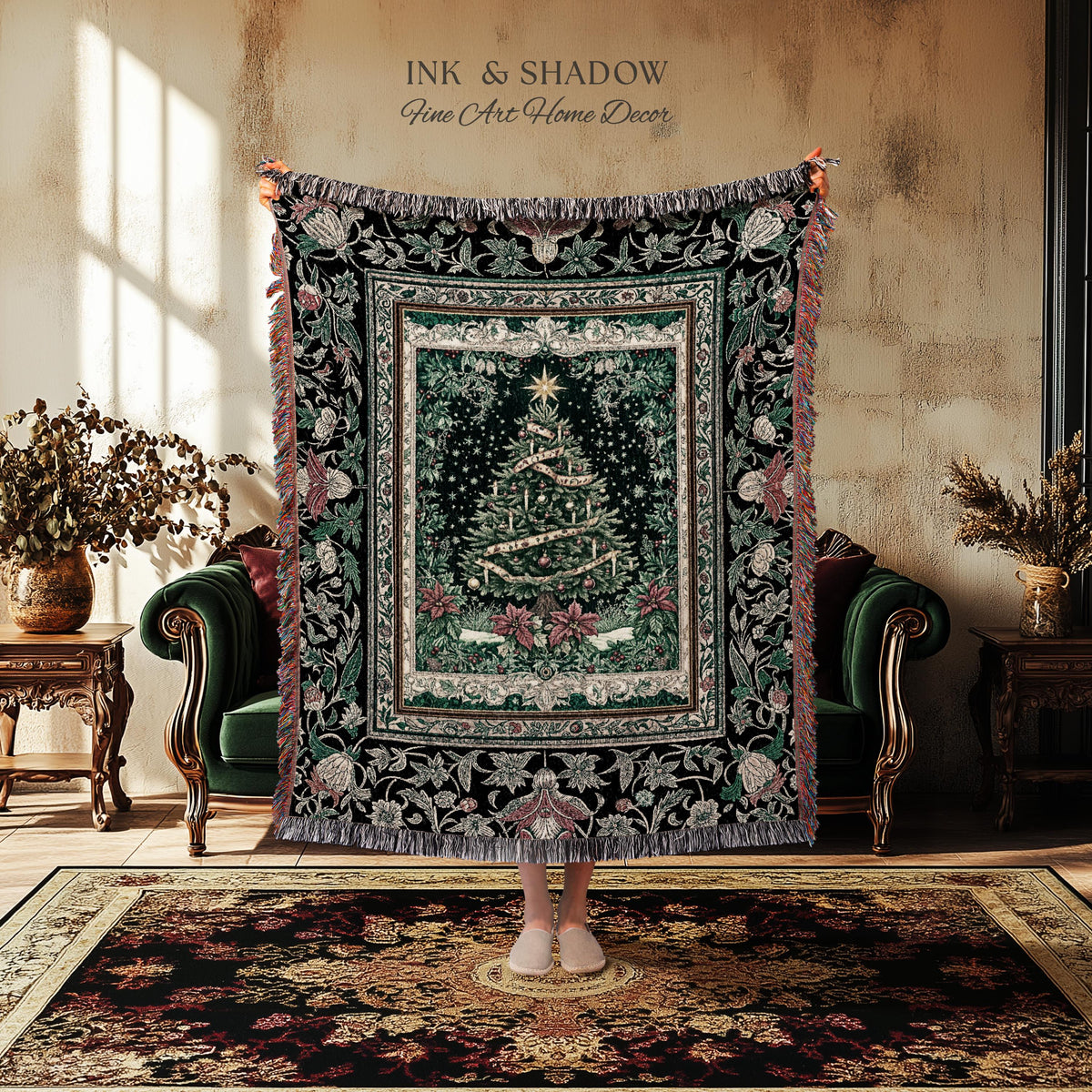 Poinsettia Christmas Tree Wall Tapestry | Jacquard Woven Holiday Cheer Decor Old World Yuletide Blanket Classic Festive Winter Home Accent
