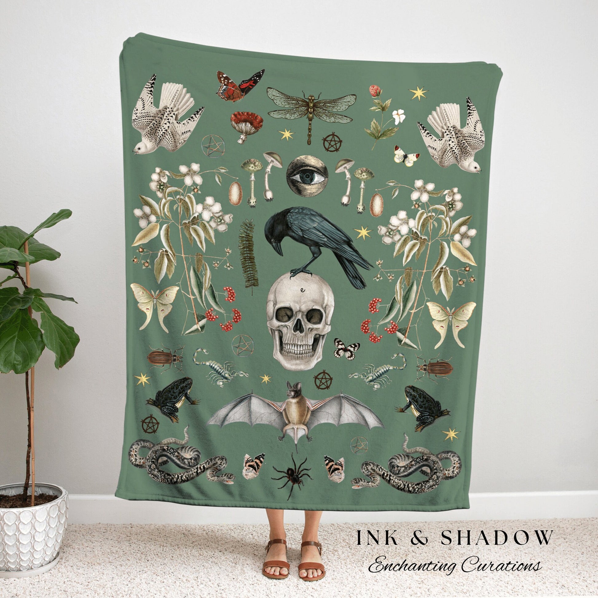 Crowcore Gothic Tapestry Whimsigoth Decor | Witchy Decor Bedroom Gothic Blanket | Sage Green Throw Blanket Woven Goth Tapestry Crow Core |