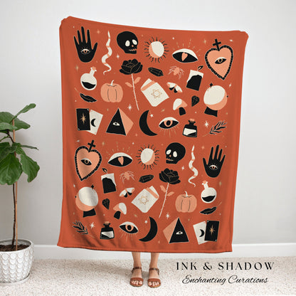 Witchy Decor Burnt Orange Throw Blanket | Cute Halloween Witchy Hippie Wall Decor Whimsigoth Tapestry | Witchy Bedroom Decor Woven Wall Art