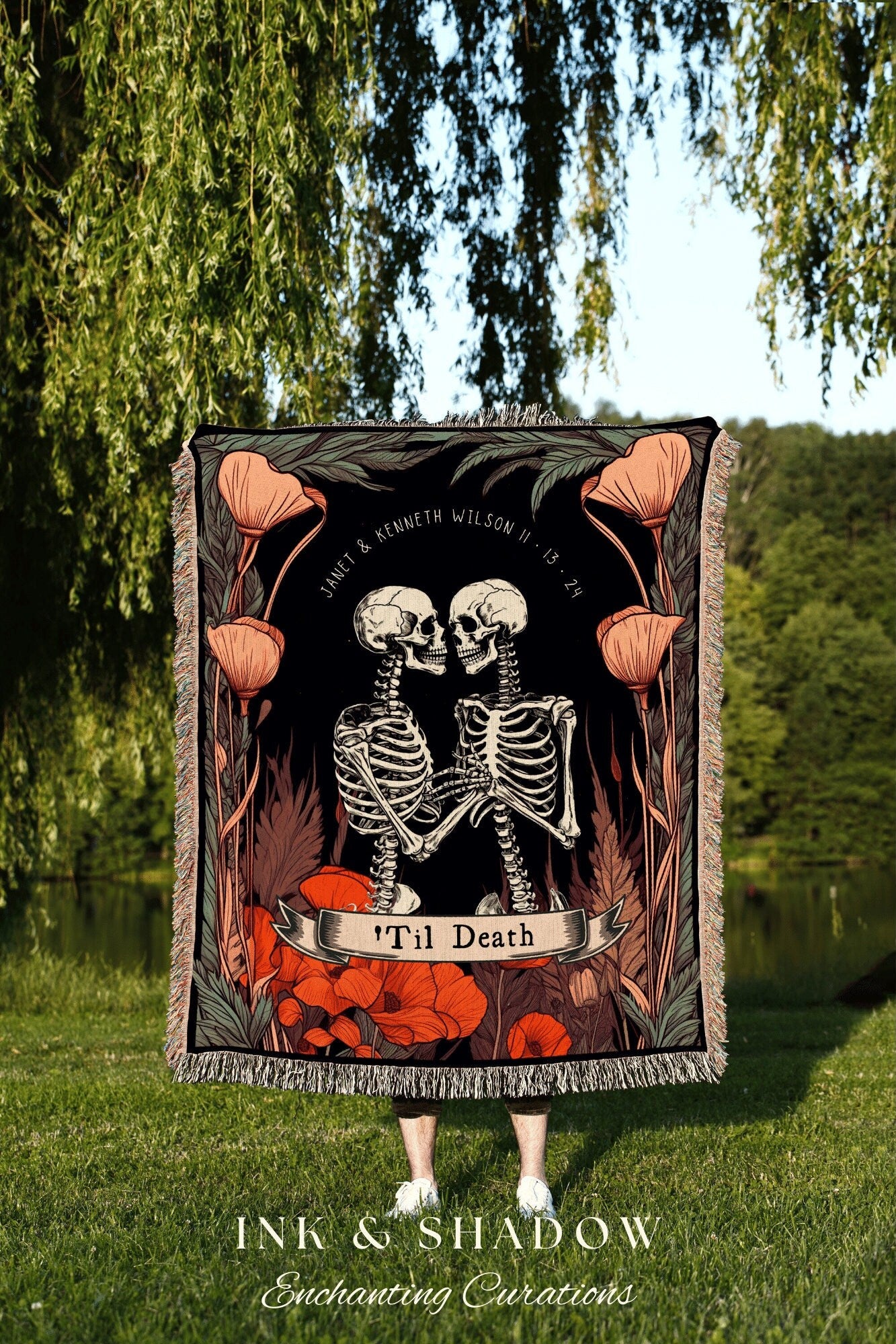 Til Death Do Us Part Personalized Tapestry | Gothic Wedding Custom Blanket Woven | Spooky Wedding Gift Personalized | Boho Halloween Wedding