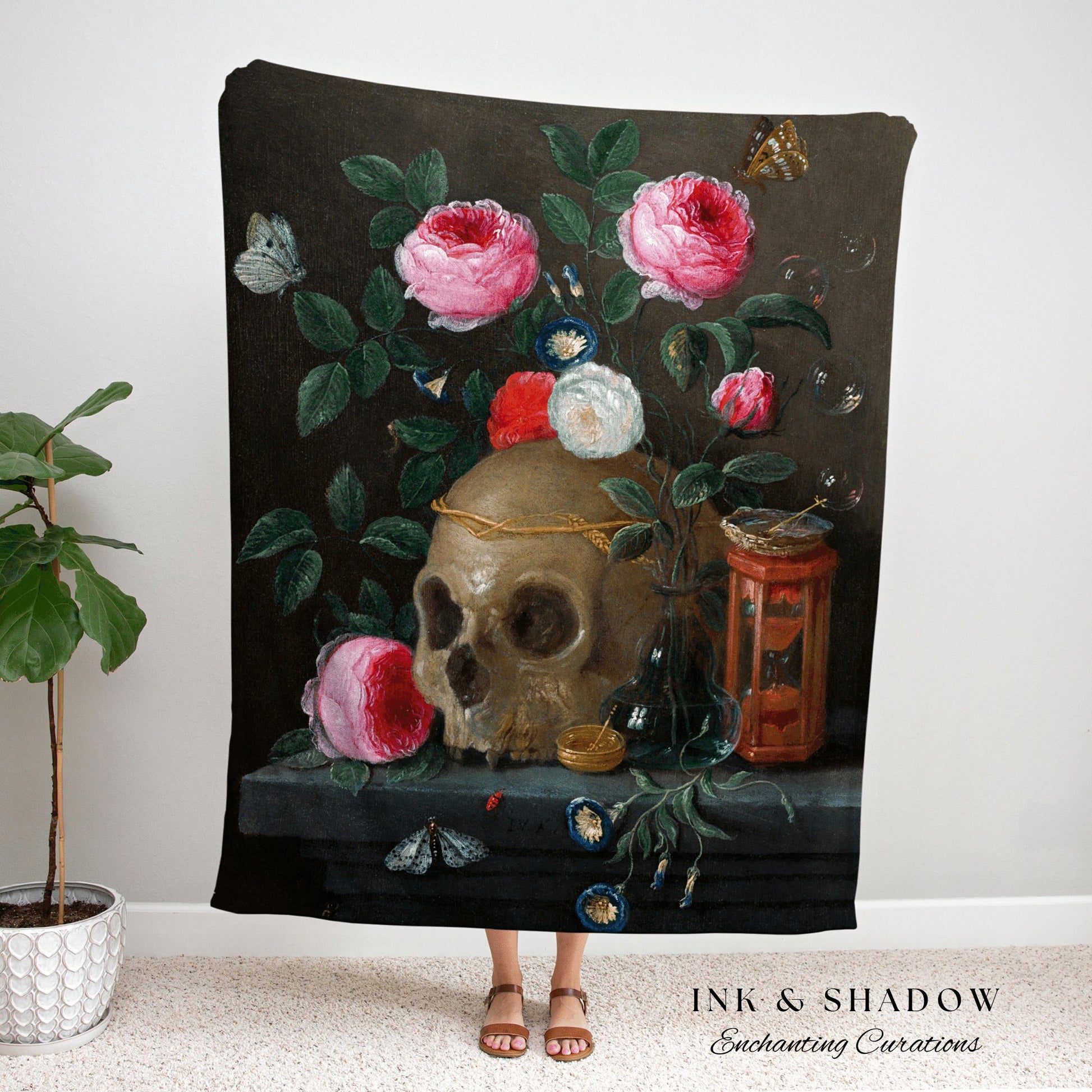 Dark Floral Skull Tapestry Woven Wall Hanging | Gothic Renaissance Blanket Woven | Whimsigoth Room Decor Witchy Aesthetic Skull Art Blanket