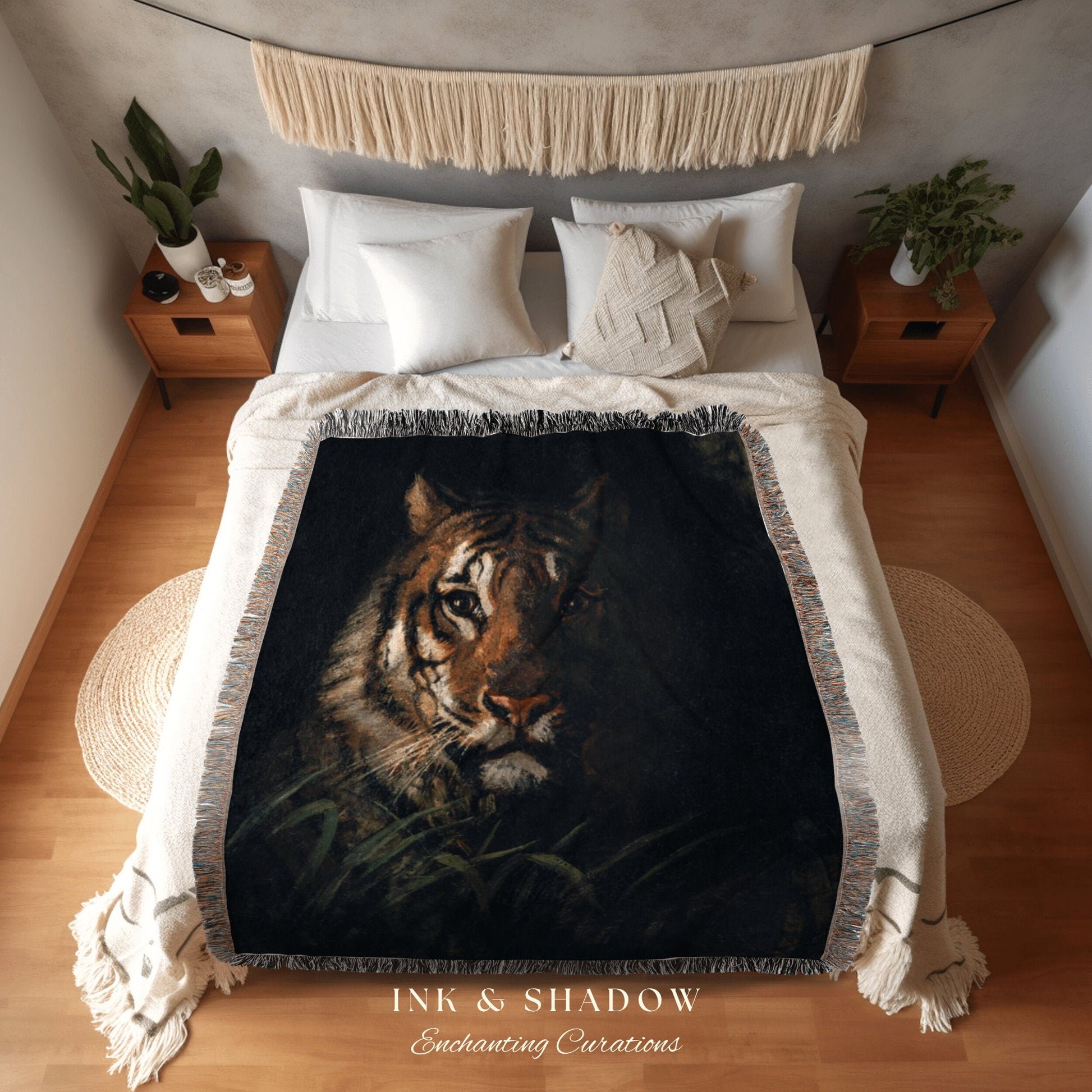 Tiger Painting Tapestry Woven Wall Hanging Gothic Art | Dark Academia Blanket Woven | Whimsigoth Room Decor Witchy Aesthetic Art Blanket |