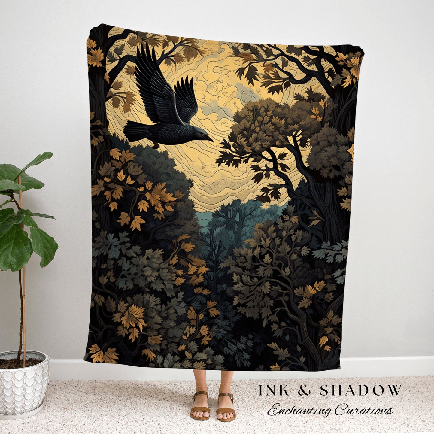 Crowcore Whimsigoth Tapestry Goth Blanket Woven Throw Blanket | Crow Decor Witchy Decor Bedroom Landscape Tapestry Dark Cottagecore Decor