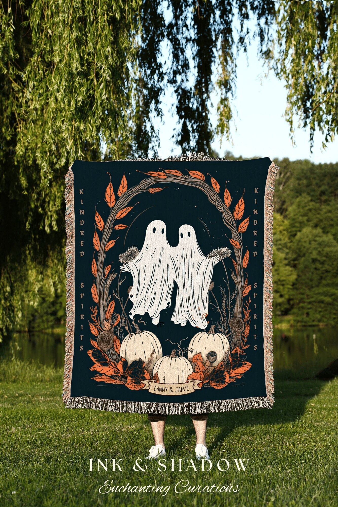 Kindred Spirits Spooky Halloween Decor Personalized Ghost Couple Blanket | Cottagecore Halloween Tapestry Ghost Blanket Cute Halloween Gift