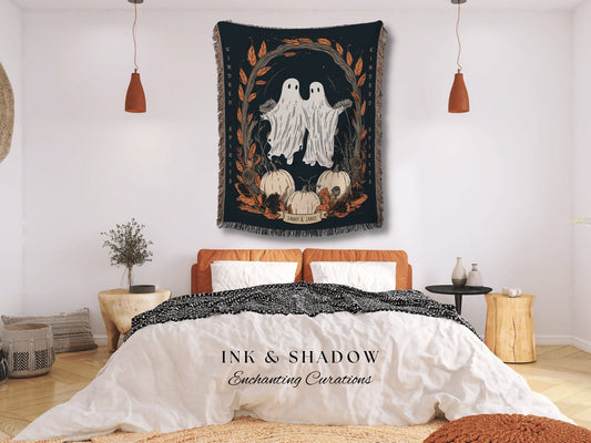 Kindred Spirits Spooky Halloween Decor Personalized Ghost Couple Blanket | Cottagecore Halloween Tapestry Ghost Blanket Cute Halloween Gift