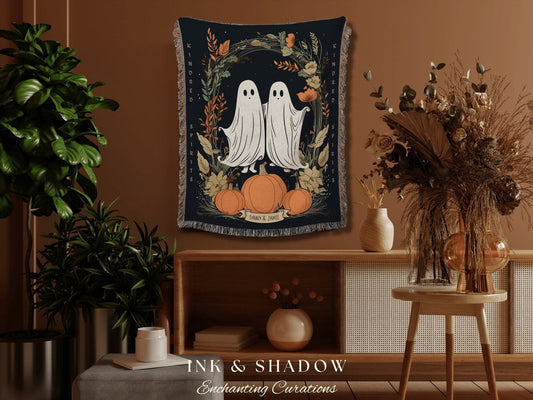 Kindred Spirts Personalized Ghost Blanket Goth Tapestry | Spooky Ghost Decor Halloween Blanket Woven Throw | Woven Blanket Ghosts Couple