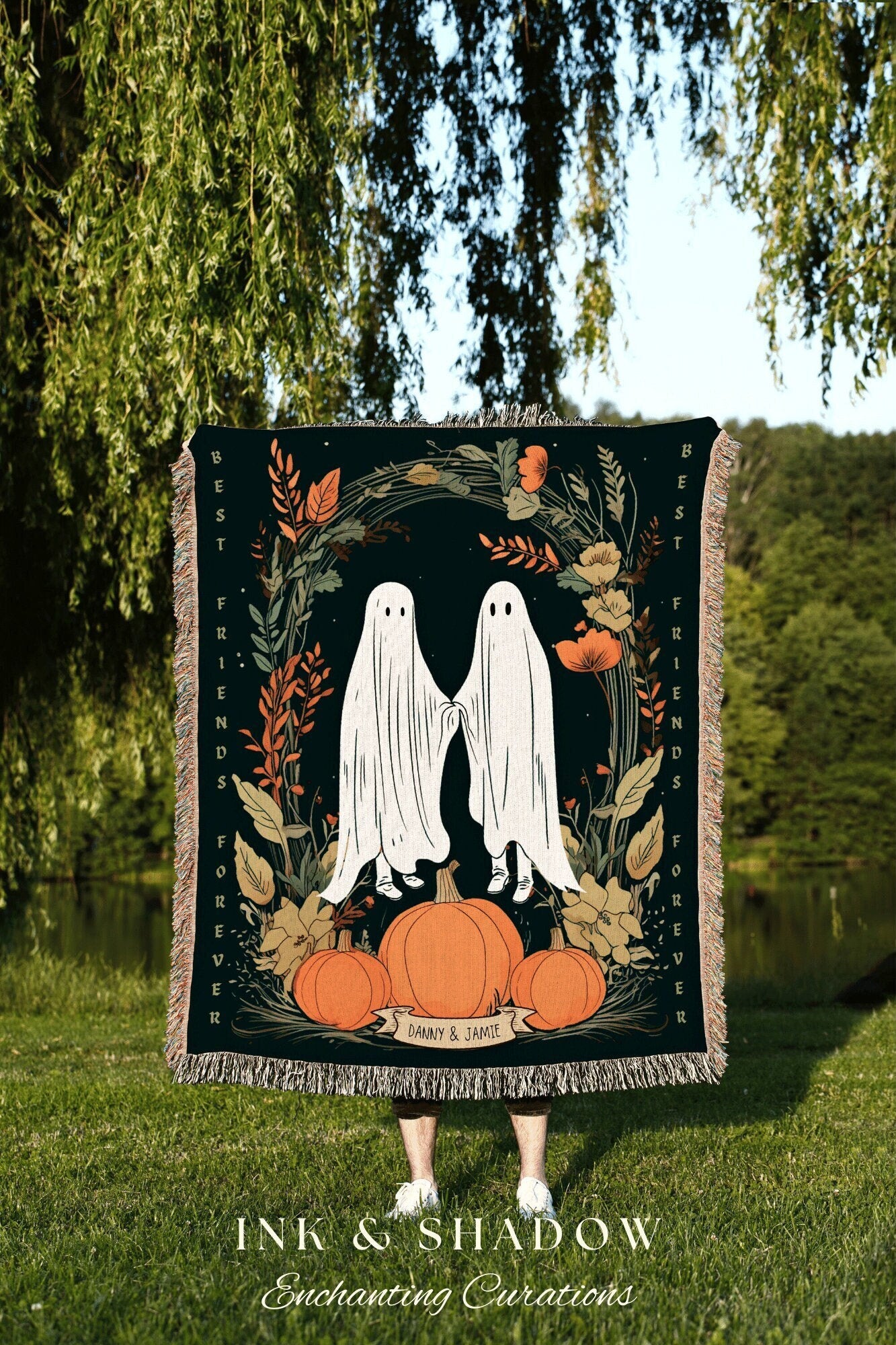 Personalized Ghost Blanket Best Friend Gift | Spooky Ghost Decor Goth Blanket Woven Throw Blanket | Goth Tapestry Best Friend Blanket Custom