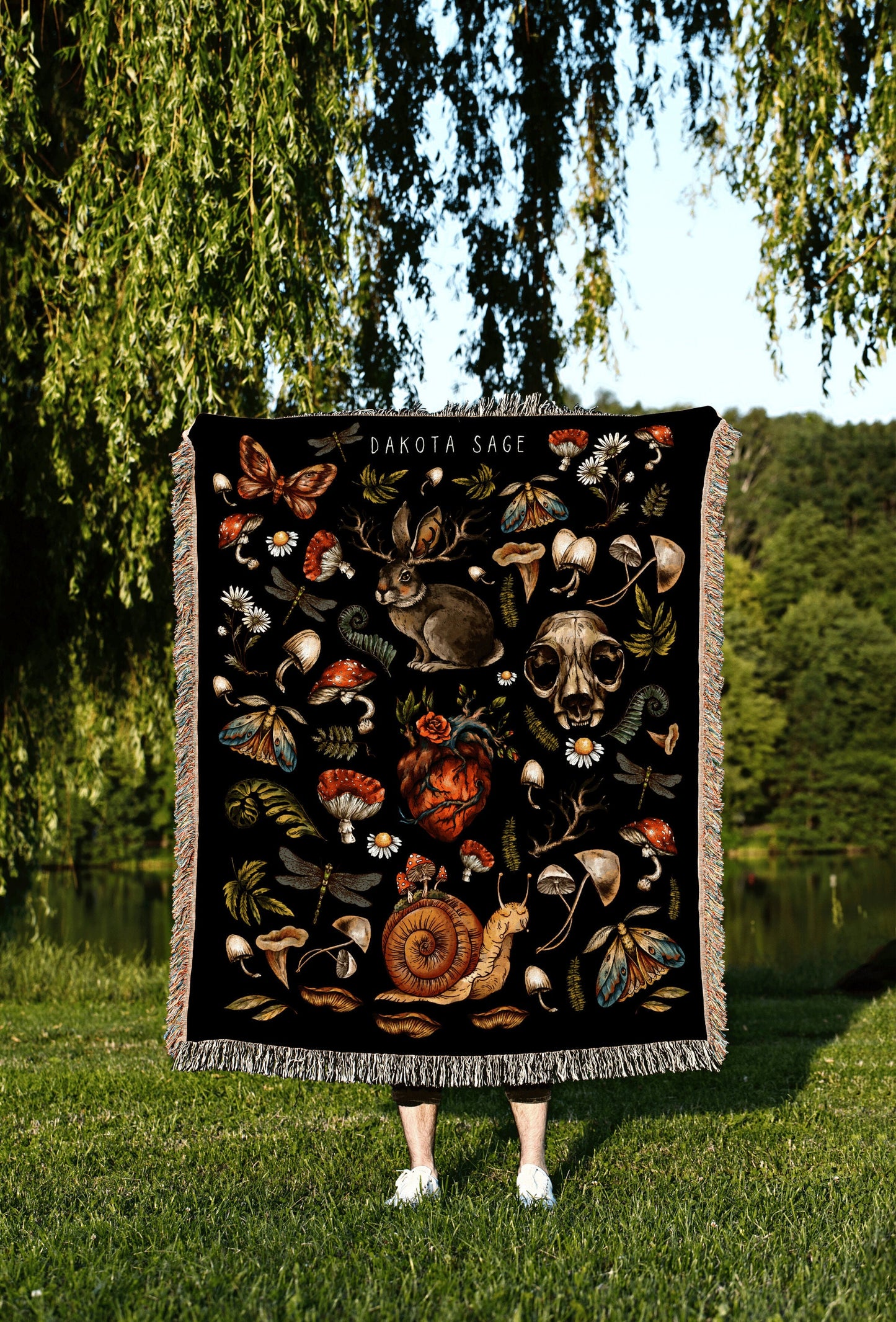 Woodland Gothic Woven Blanket | Dark Cottagecore Witchy Tapestry Woven | Goblincore Forest Mushroom Blanket Woven | Mushroom Art Aesthetic