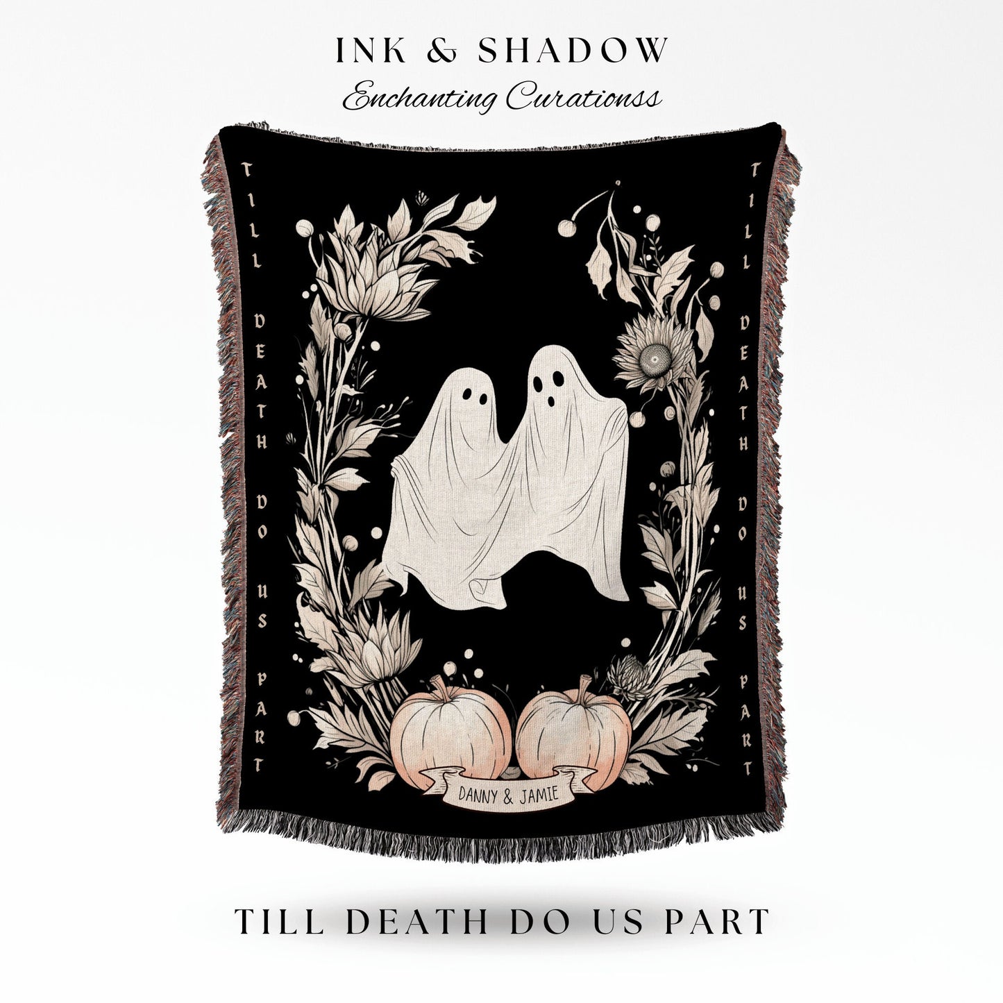 Till Death Do Us Part Ghost Couple Personalized Wedding Blanket | Spooky Halloween Tapestry Woven Ghost Gifts Thoughtful Anniversary Gifts