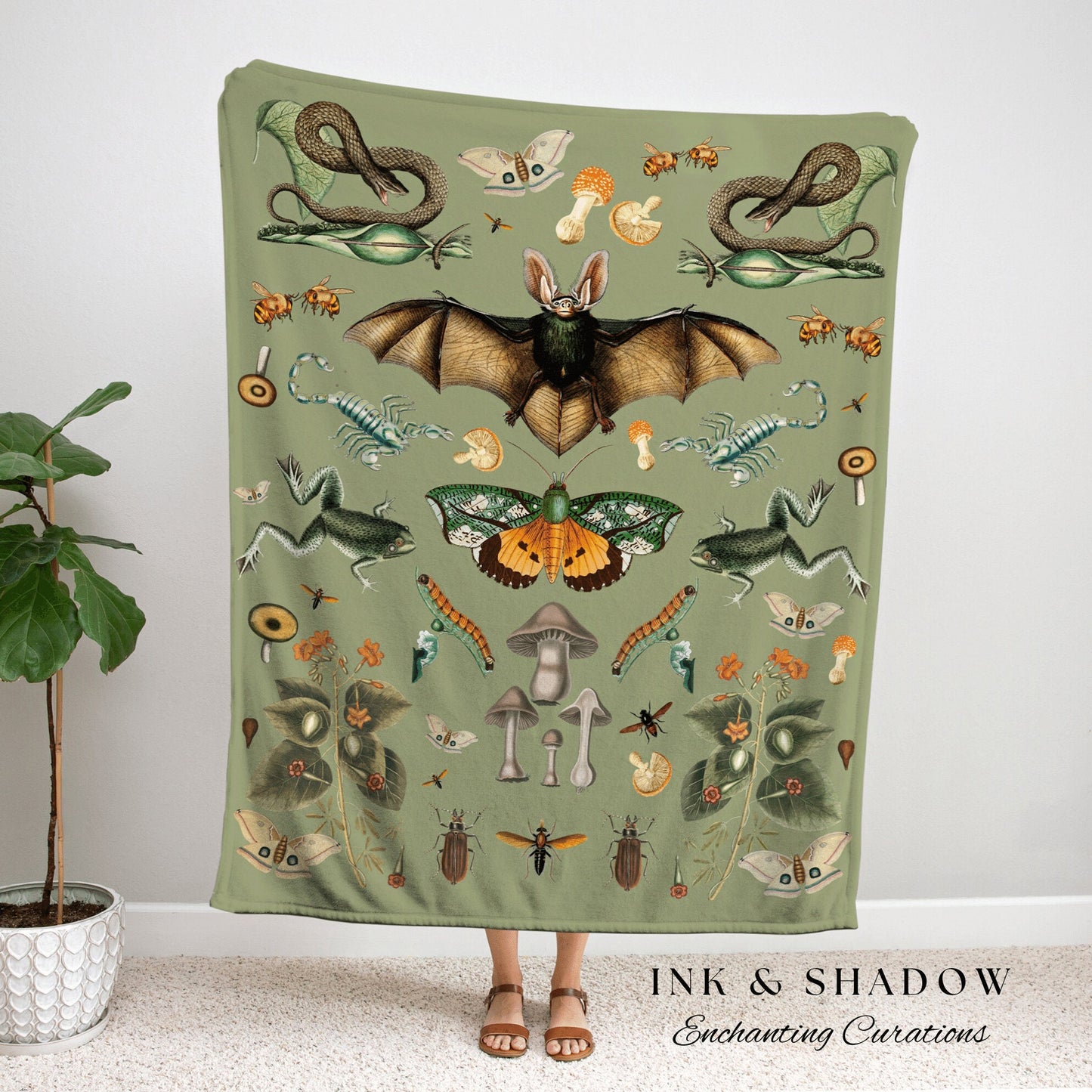 Sage Green Blanket Goblincore Decor Goth Tapestry | Whimsigoth Decor Witchy Decor Aesthetic Gothic Blanket | Dark Cottagecore Woven Blanket