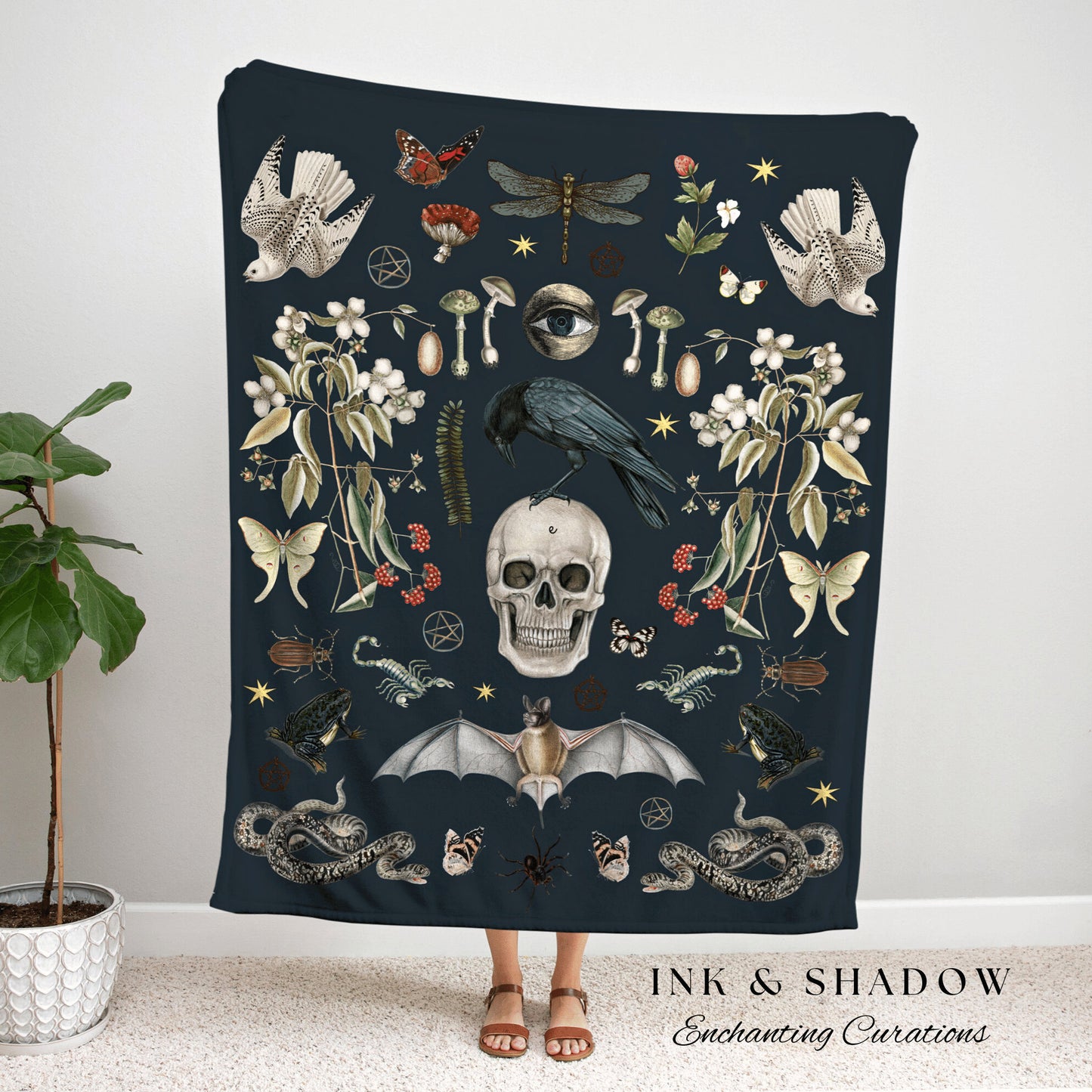 Goth Raven Painting Woven Blanket Dark Gothic | Crow Skull Throw Blanket Gothic Tapestry | Witchy Wall Decor Gothic Tapestry Crowcore Decor