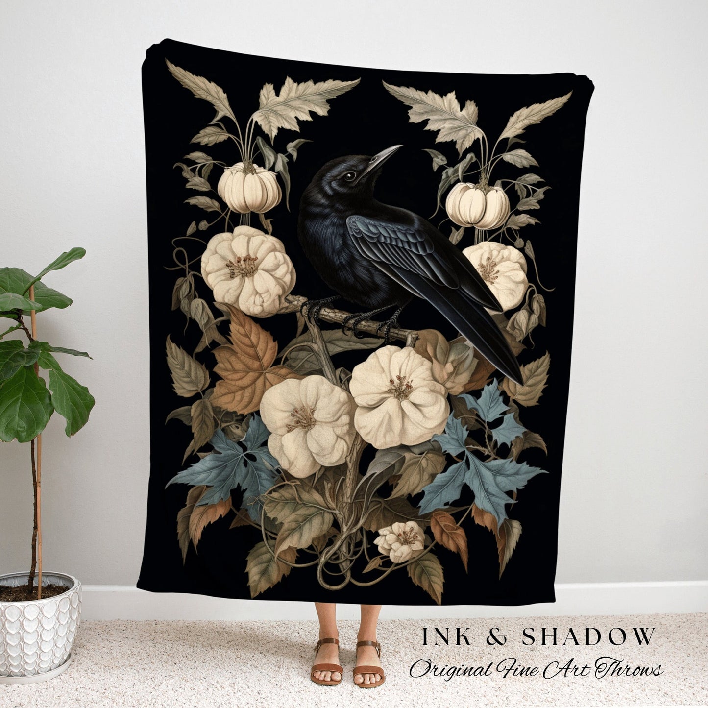 Dark Floral Room Decor Crowcore Tapestry Whimsigoth | Dark Cottagecore Tapestry Raven Home Decor | Macabre Home Decor Witchy Occult Art |