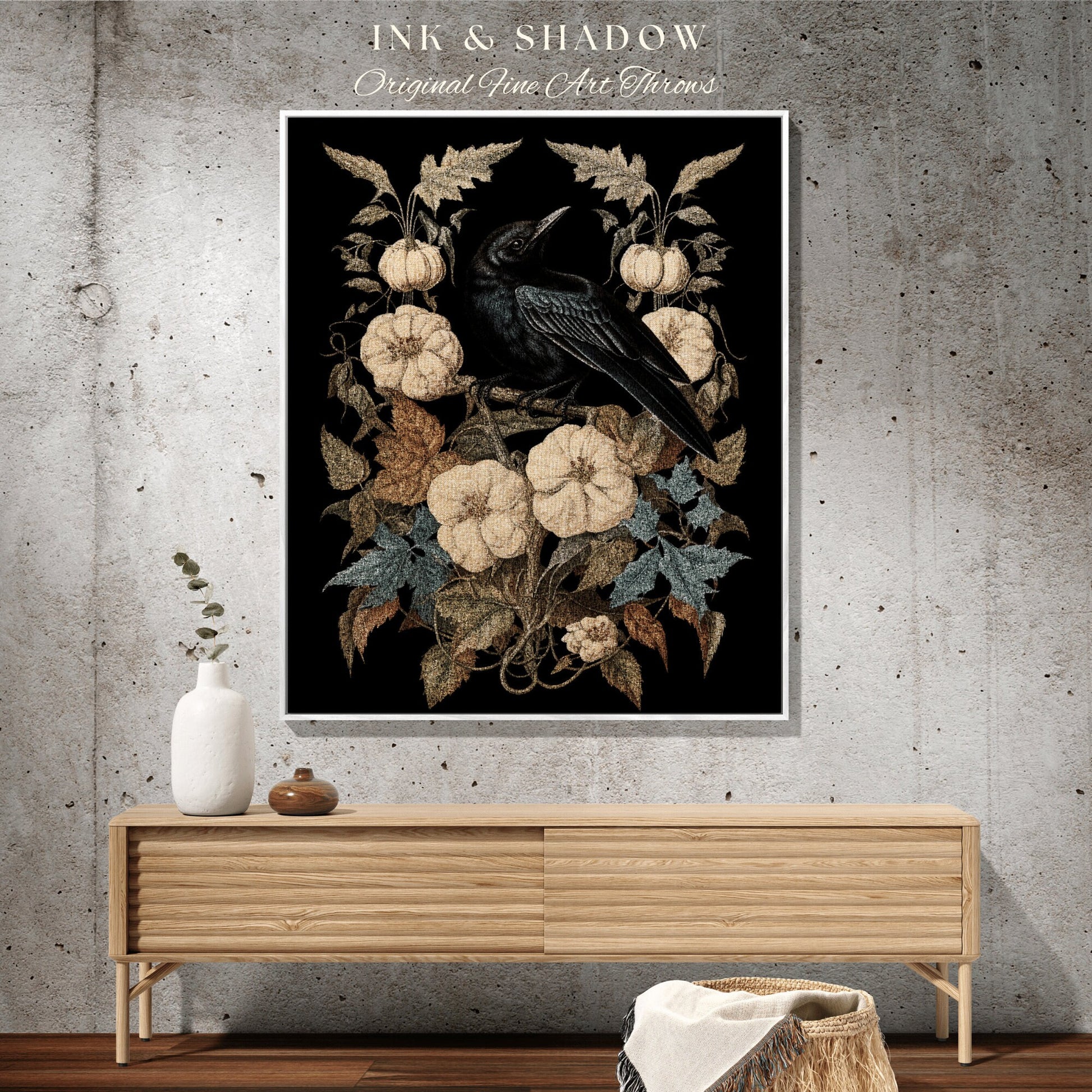 Dark Floral Room Decor Crowcore Tapestry Whimsigoth | Dark Cottagecore Tapestry Raven Home Decor | Macabre Home Decor Witchy Occult Art |