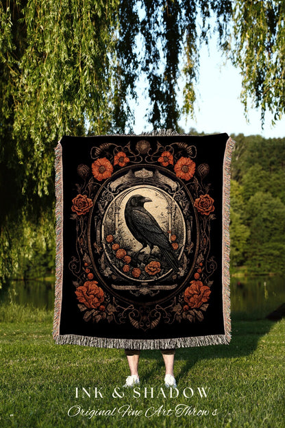 Goth Aesthetic Blanket Woven Wall Hanging | Gothic Home Decor Dark Academia Tapestry Dark Cottagecore | Vintage Occult Tapestry Crow Decor