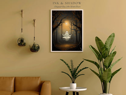 Spooky Ghost on Swing Wall Art Halloween Decor | Ghost Painting Moonlit Spooky Forest Art Print Dark Cottagecore Decor Ghost Art Print