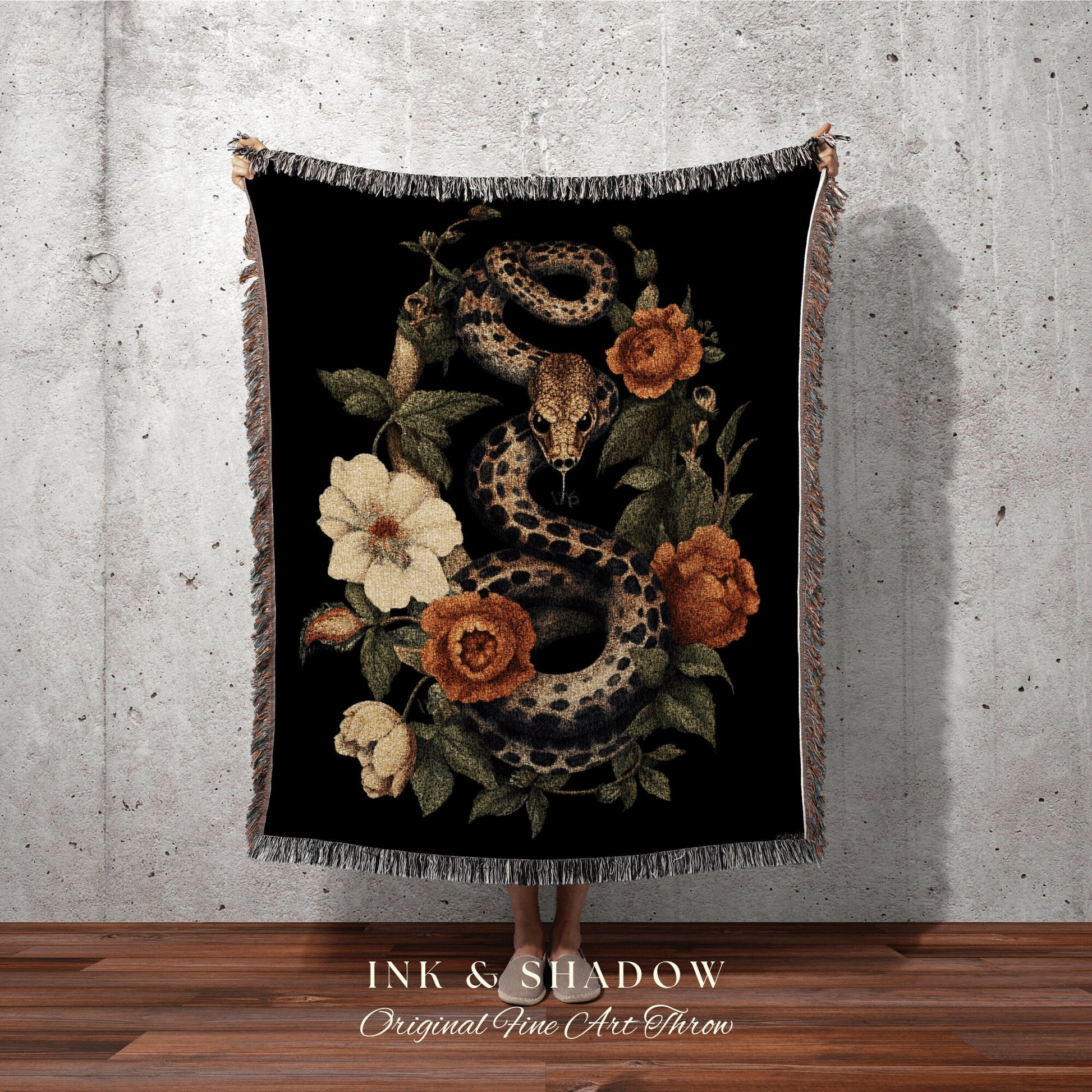 Dark Floral Serpent Blanket Woven | Dark Academia Aesthetic Occult Decor Blanket Woven | Desert Rose Tapestry Goth Room Decor Macabre Snake