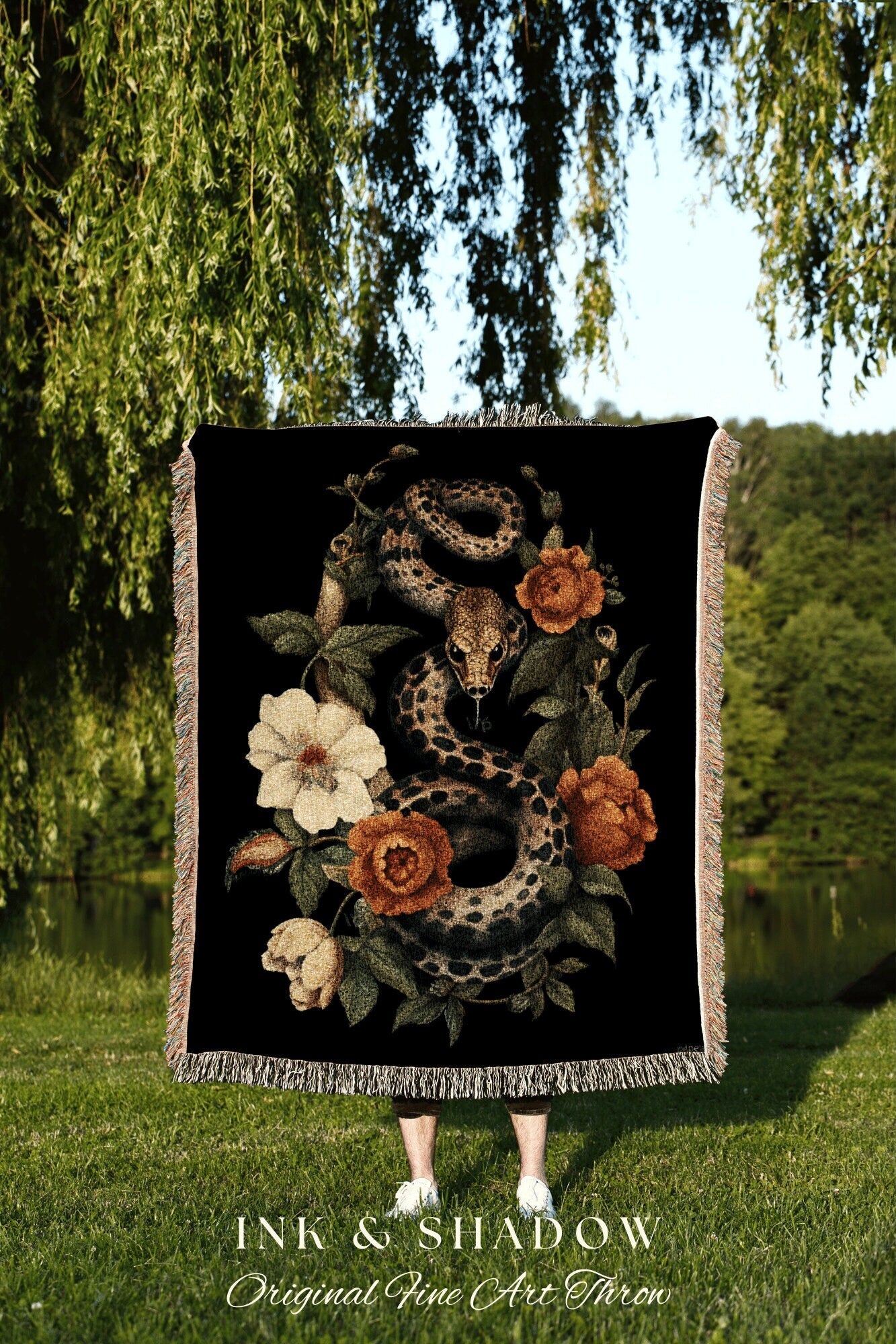 Dark Floral Serpent Blanket Woven | Dark Academia Aesthetic Occult Decor Blanket Woven | Desert Rose Tapestry Goth Room Decor Macabre Snake