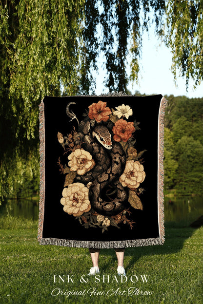 Vintage Serpent Tapestry Woven | Dark Academia Aesthetic Occult Decor Blanket Woven | Desert Rose Tapestry Gothic Room Decor Macabre Snake |