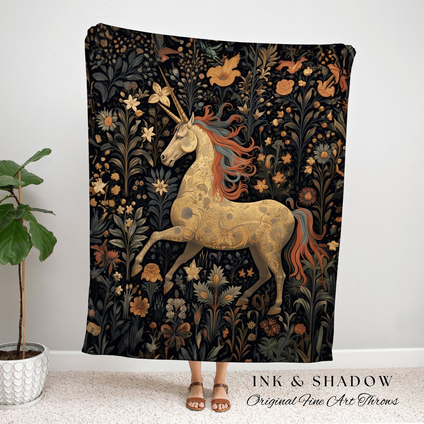 Antique Unicorn Art Blanket Woven | Medieval Room Decor Tapestry Cottagecore | Fairycore Aesthetic Room Decor Magical Tapestry Unicorn Art