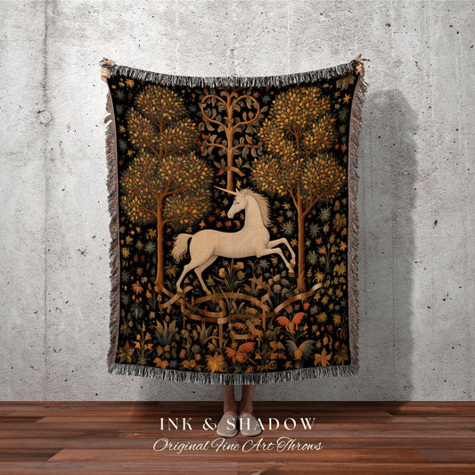 Medieval Unicorn Art Woven Throw Blanket Whimsical Room Decor Tapestry Cottagecore Fairycore Aesthetic Room Decor Magical Unicorn Tapestry