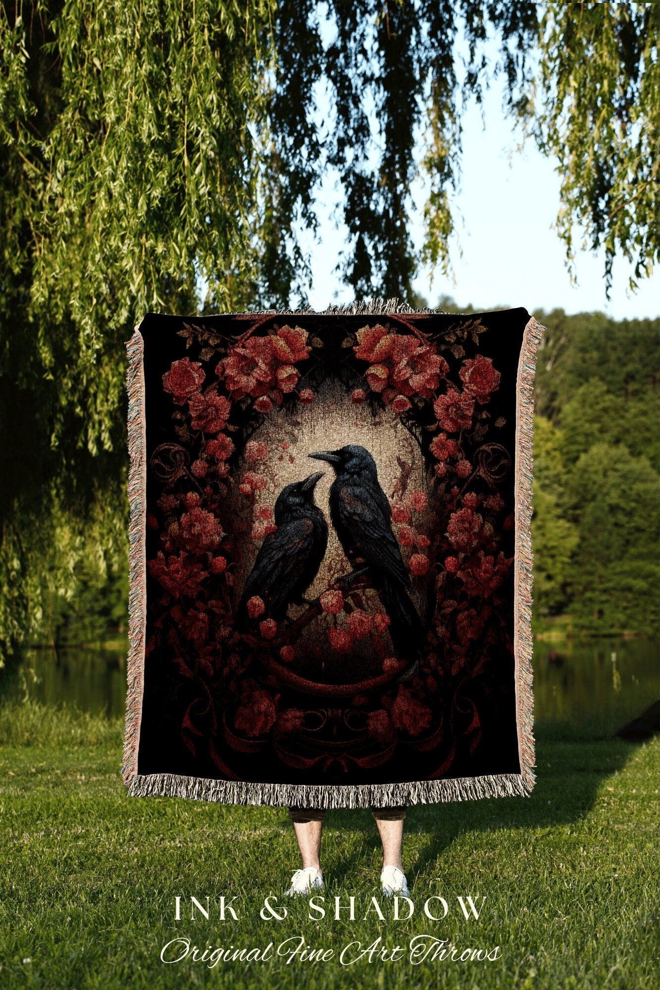 Dark Gothic Room Decor Raven Tapestry Vintage Blanket Woven | Crow Decor Dark Cottagecore Tapestry Woven Throw Blanket Whimsigoth Tapestry |