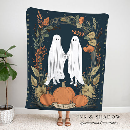 Ghost Couple Blanket 'Through Thick and Thin' Personalized Wedding Blanket Halloween Tapestry | Custom Anniversary Blanket Ghost Gifts