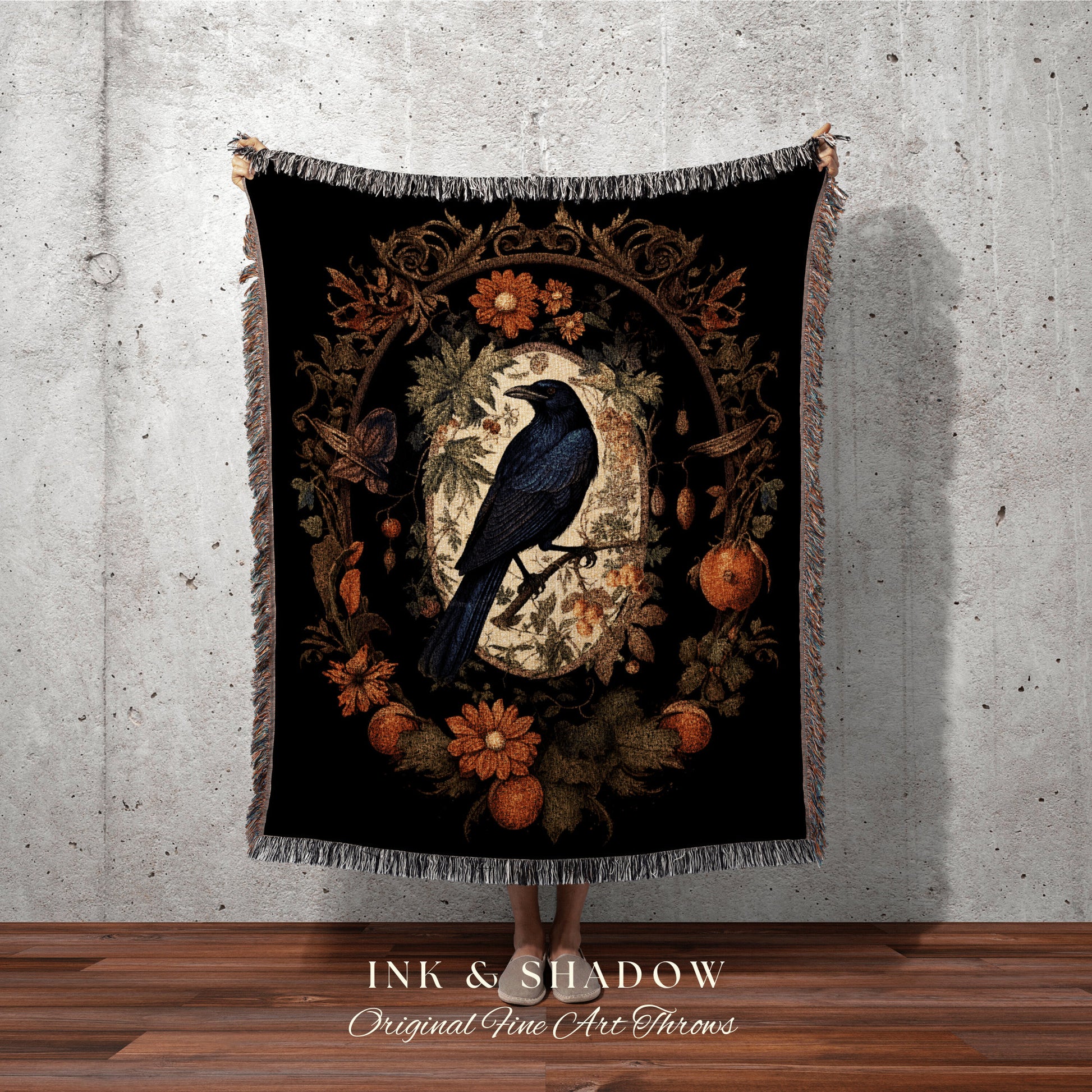 Crowcore Room Decor Gothic Crow Tapestry Vintage Blanket Woven | Black Crow Raven Decor Dark Floral Tapestry Woven Throw Blanket Tapestry |