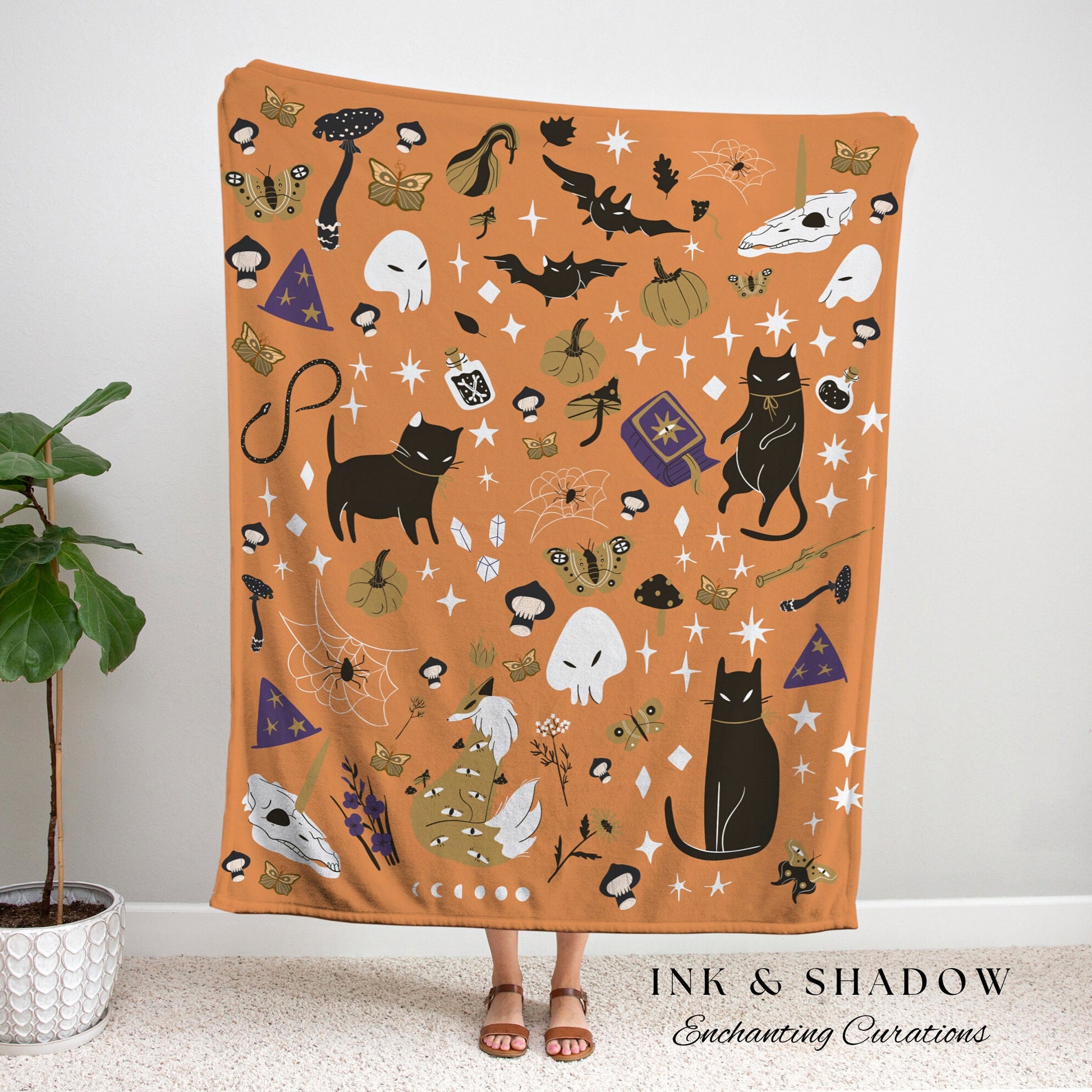 Cute Halloween Throw Blanket Woven Halloween Tapestry | Black Cat Art Celestial Witch Goth Blanket | Spooky Aesthetic Halloween Blanket |