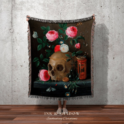 Dark Floral Skull Tapestry Woven Wall Hanging | Gothic Renaissance Blanket Woven | Whimsigoth Room Decor Witchy Aesthetic Skull Art Blanket