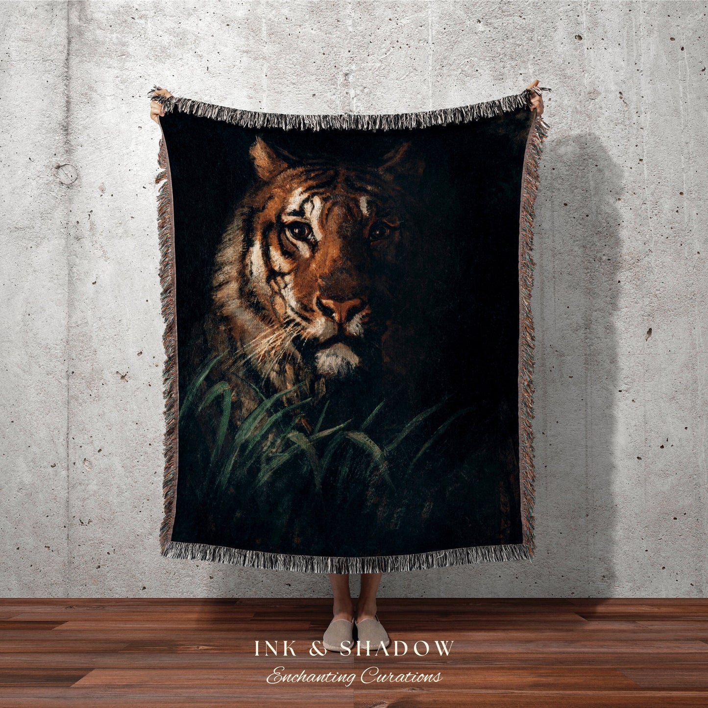 Tiger Painting Tapestry Woven Wall Hanging Gothic Art | Dark Academia Blanket Woven | Whimsigoth Room Decor Witchy Aesthetic Art Blanket |