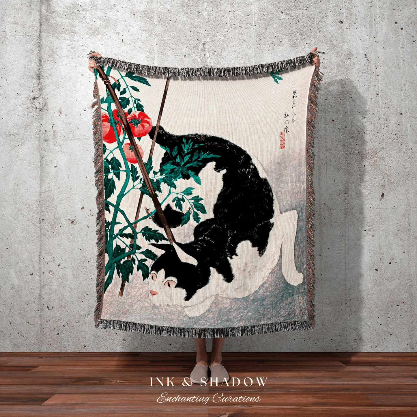 Cat Tapestry Woven Wall Hanging | Japanese Art Aesthetic Blanket Woven | 'Cat With Tomato Plant' by Hiroaki Takahashi Art Tapestry Vintage |