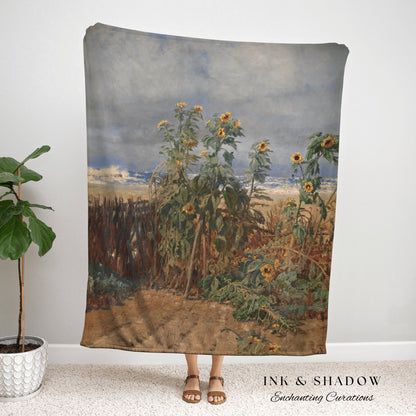 Sunflower Painting Tapestry Woven | Vintage Art Woven Blanket | Sunflower Aesthetic Tapestry Woven | Bookish Room Decor Aesthetic Blanket |