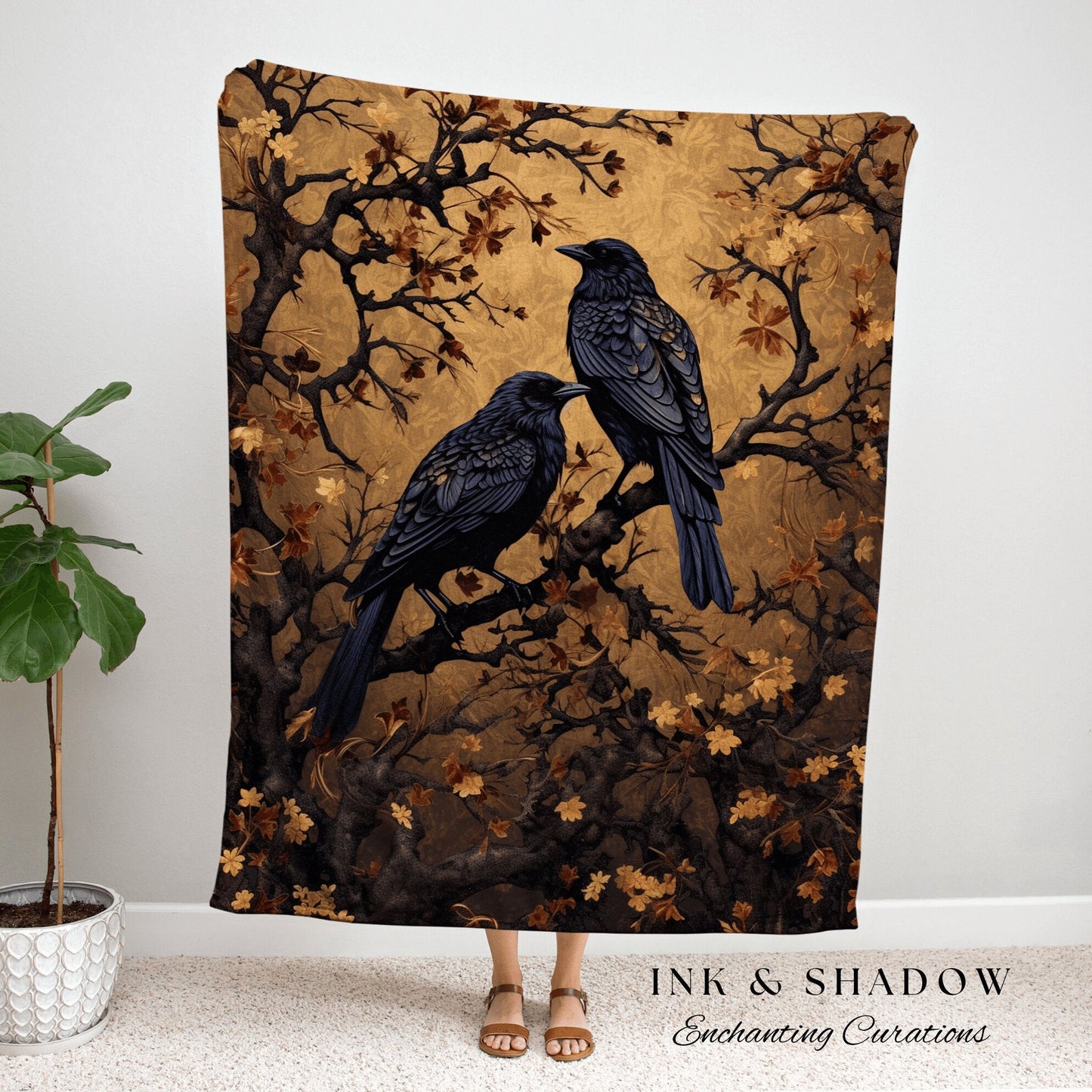 Crow Decor Gothic Tapestry Whimsigoth Blanket | Dark Cottagecore Tapestry Raven Home Decor | Crowcore Woven Goth Blanket Witchy Room Decor |